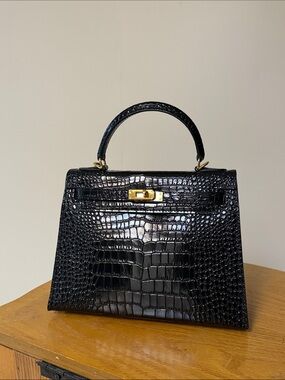Black Croc  Structured Top-Handle Bag - Black